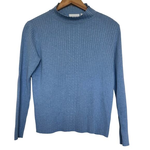 Liz Claiborne Sweater Women S Blue Mock Neck 90s Cable Knit 100% Cotton Fall Top - Picture 1 of 5
